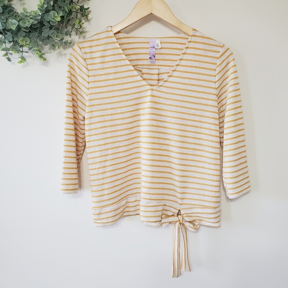 Alya Tops - Alya Yellow Cream Stripe Tie 3/4 Length Sleeve Top